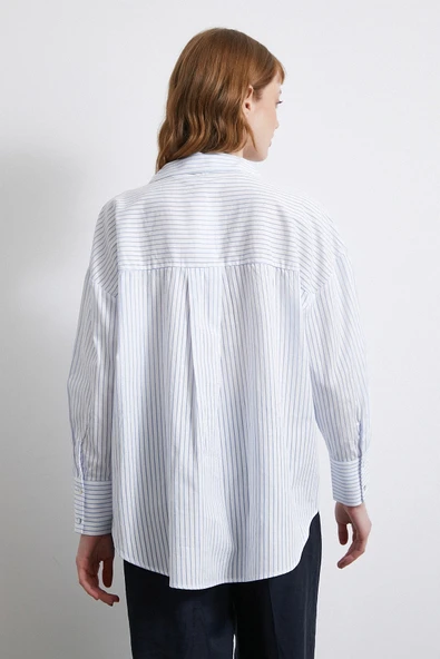 Kontrast Çizgili Gömlek Beyaz - 3