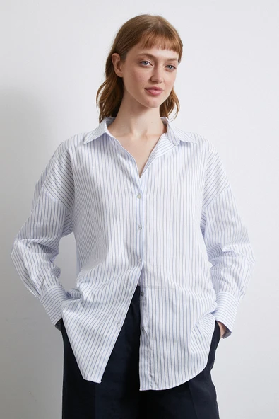 Kontrast Çizgili Gömlek Beyaz - 4