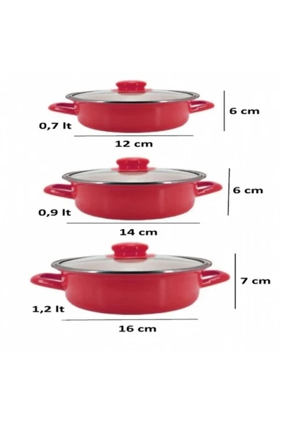 Lüks Emaye 6 Parça Mini Tencere Seti 12/14/16 Cm Kırmızı KR179-C - 3