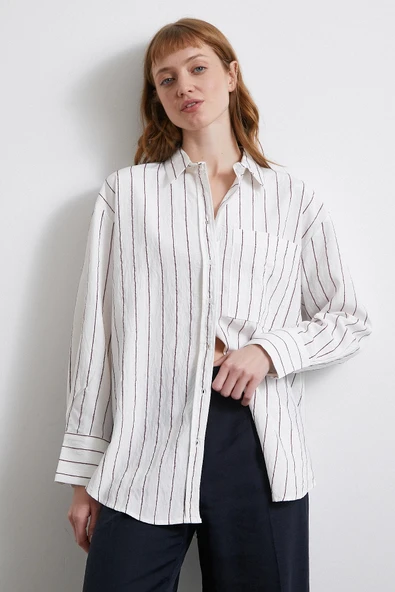 Çizgili Cepli Gömlek Bordo - Resim 4