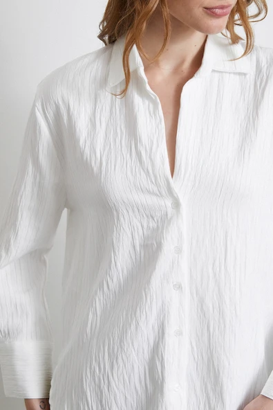 Geniş Manşetli Çizgili Gömlek Beyaz - 2