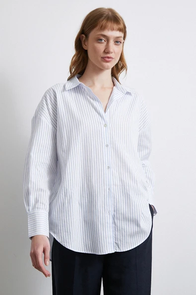 Kontrast Çizgili Gömlek Beyaz - 5