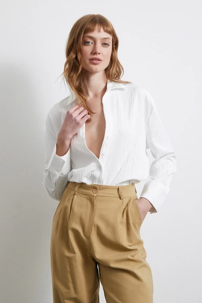 Geniş Manşetli Çizgili Gömlek Beyaz - 5