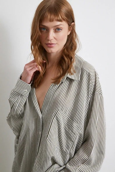 Yarasa Kol Çizgili Gömlek Haki - Resim 4