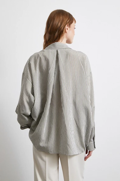 Yarasa Kol Çizgili Gömlek Haki - Resim 6