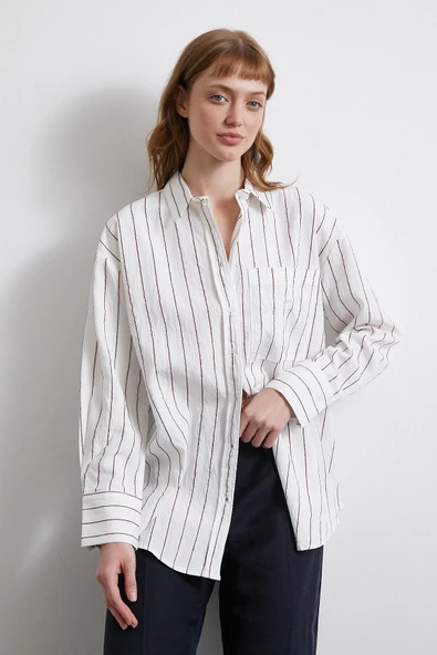 Çizgili Cepli Gömlek Bordo - Resim 5