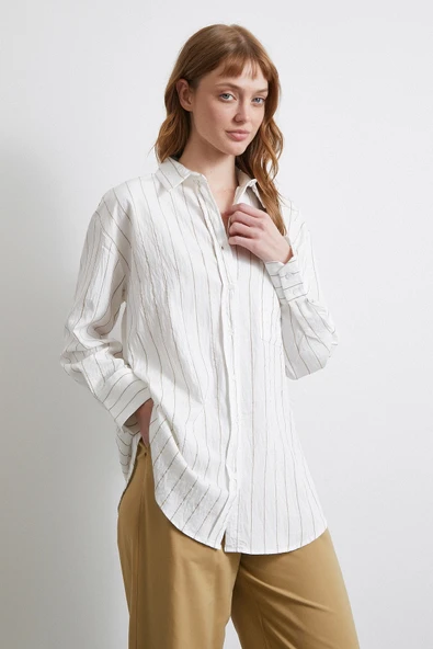 Çizgili Cepli Gömlek Bej - 5