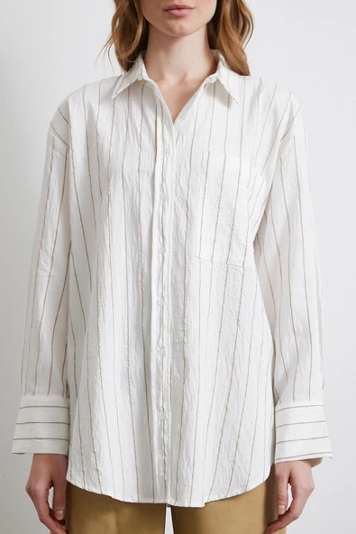 Çizgili Cepli Gömlek Bej - 2