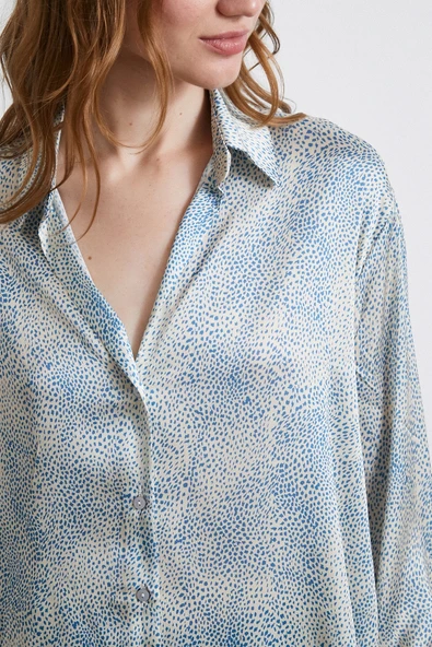 V Yaka Desenli Saten Gömlek Mavi - Resim 3