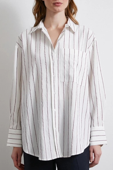 Çizgili Cepli Gömlek Bordo - Resim 2