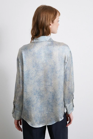 V Yaka Desenli Saten Gömlek Mavi - Resim 6