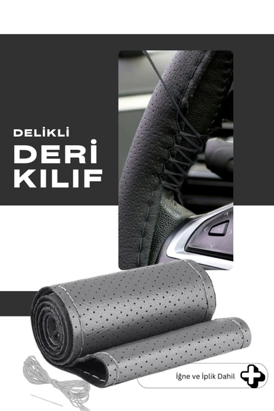 Gri Dikişli Hakiki Delikli Delikli Dikme Direksiyon Kılıfı