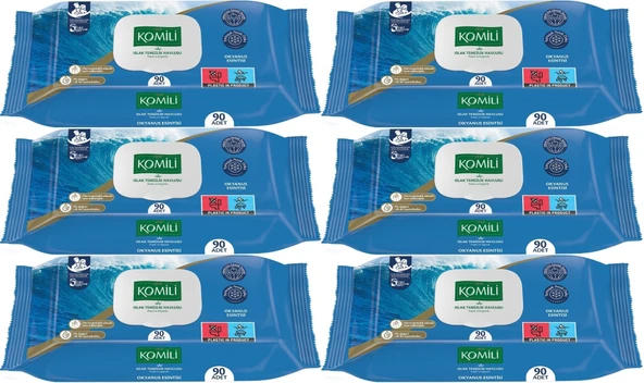 Komili Islak Havlu Mendil 90 Yaprak Okyanus Esintisi (6 Lı Set) Pratik Kapaklı (540 Yaprak)