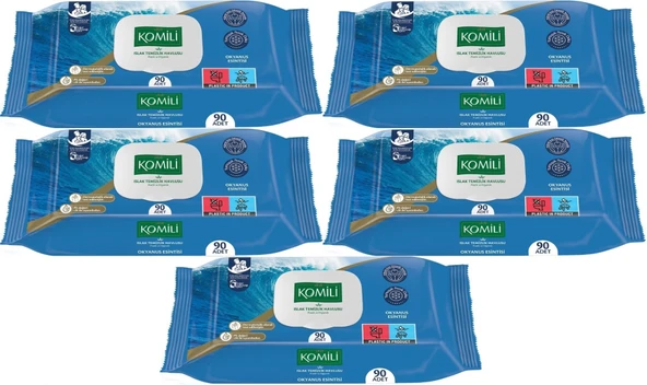 Komili Islak Havlu Mendil 90 Yaprak Okyanus Esintisi (5 Li Set) Pratik Kapaklı (450 Yaprak)