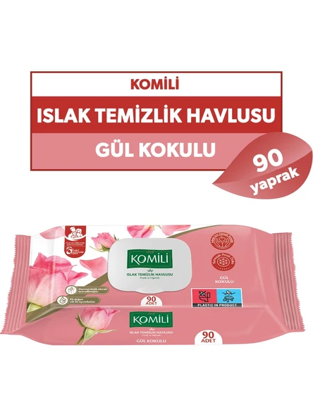 Komili Islak Havlu Mendil 90 Yaprak Gül Kokulu (36 Lı Set) Pratik Kapaklı (3240 Yaprak) - 3