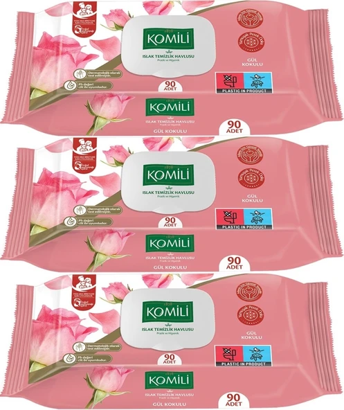 Komili Islak Havlu Mendil 90 Yaprak Gül Kokulu (3 Lü Set) Pratik Kapaklı (270 Yaprak)