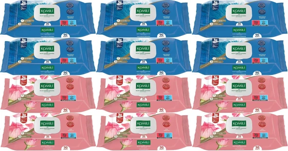 Komili Islak Havlu Mendil 90 Yaprak Karma 12 Li Set (Okyanus Esintisi-Gül Kokulu) 1080 Yaprak
