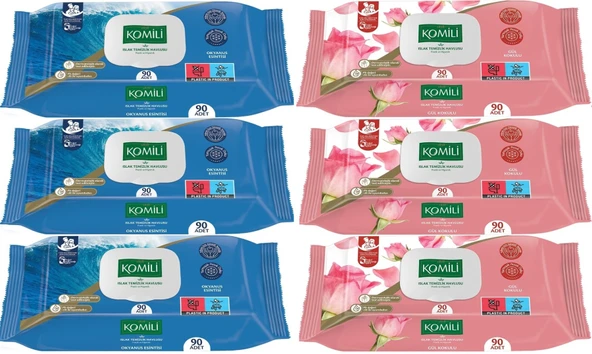 Komili Islak Havlu Mendil 90 Yaprak Karma 6 Lı Set (Okyanus Esintisi-Gül Kokulu) 540 Yaprak - 1