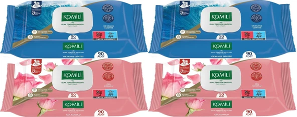 Komili Islak Havlu Mendil 90 Yaprak Karma 4 Lü Set (Okyanus Esintisi-Gül Kokulu) 360 Yaprak - 1