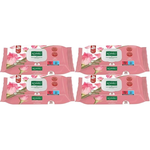Komili Islak Havlu Mendil 90 Yaprak Gül Kokulu (4 Lü Set) Pratik Kapaklı (360 Yaprak) ürün görseli