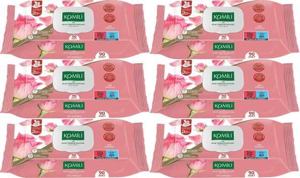 Komili Islak Havlu Mendil 90 Yaprak Gül Kokulu (6 Lı Set) Pratik Kapaklı (540 Yaprak) - 1