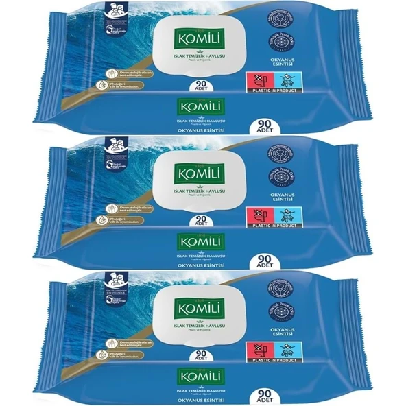 Komili Islak Havlu Mendil 90 Yaprak Okyanus Esintisi (3 Lü Set) Pratik Kapaklı (270 Yaprak) ürün görseli