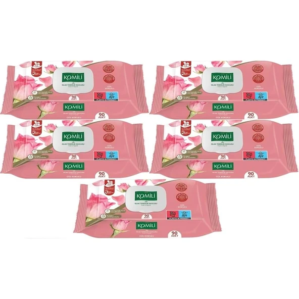 Komili Islak Havlu Mendil 90 Yaprak Gül Kokulu (5 Li Set) Pratik Kapaklı (450 Yaprak)