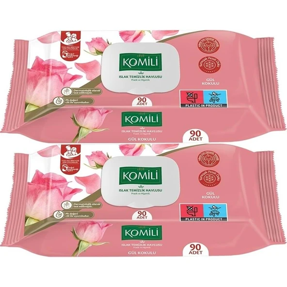 Komili Islak Havlu Mendil 90 Yaprak Gül Kokulu (2 Li Set) Pratik Kapaklı (180 Yaprak) ürün görseli