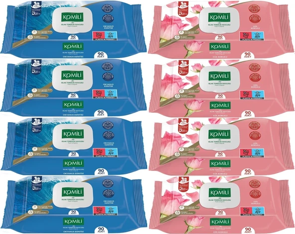 Komili Islak Havlu Mendil 90 Yaprak Karma 8 Li Set (Okyanus Esintisi-Gül Kokulu) 720 Yaprak - 1