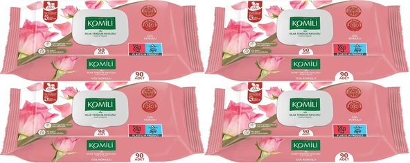 Komili Islak Havlu Mendil 90 Yaprak Gül Kokulu (4 Lü Set) Pratik Kapaklı (360 Yaprak)