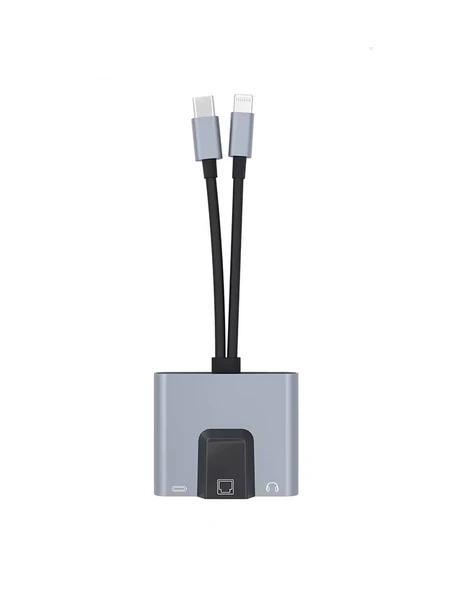 3 in 1 Lightning & Type-C Ethernet Adaptörü – RJ45, AUX, Şarj Desteği