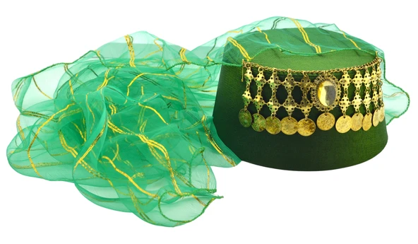 Tüllü Paralı Taşlı Kadın Yeşil Yöresel Fes Başlık 9 cm