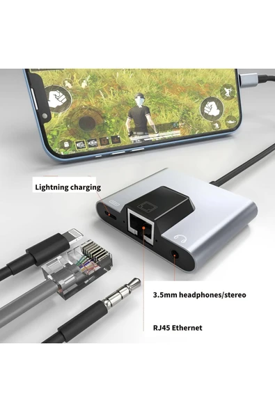 3 in 1 Lightning & Type-C Ethernet Adaptörü – RJ45, AUX, Şarj Desteği Zr815 - 6