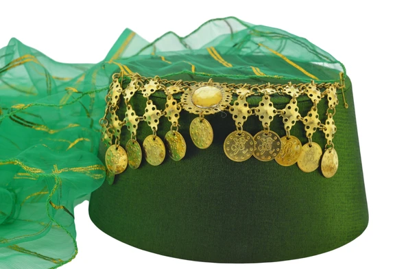 Tüllü Paralı Taşlı Kadın Yeşil Yöresel Fes Başlık 9 cm - 3