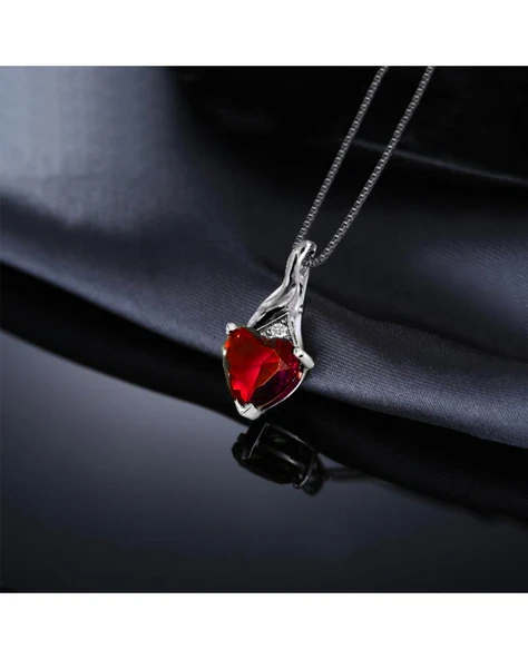 Kırmızı Taşlı Kırılmaz Kalp Kadın Gümüş Kolye - Resim 4