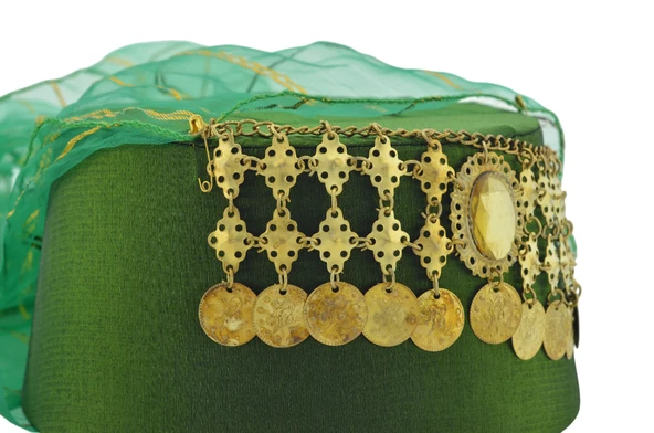 Tüllü Paralı Taşlı Kadın Yeşil Yöresel Fes Başlık 9 cm - 2