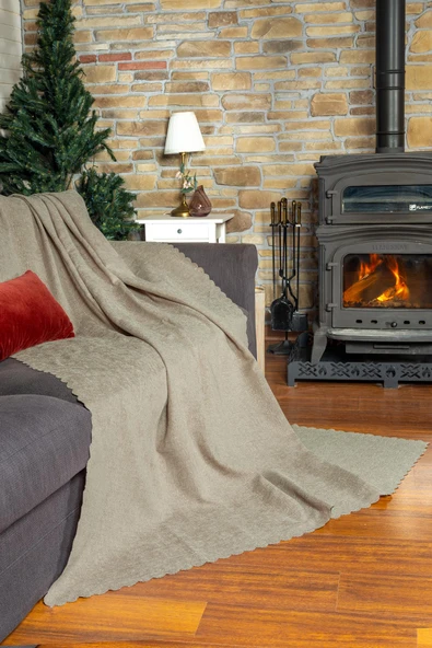 Jakarlı Şönil Koltuk Örtüsü | Kanepe Örtüsü | Koltuk Şalı 175x215 Kaymaz Camel