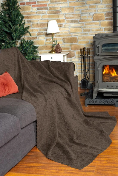 Jakarlı Şönil Koltuk Örtüsü | Kanepe Örtüsü | Koltuk Şalı 175x215 Kaymaz Kahve