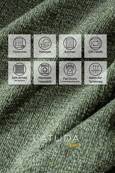 Jakarlı Şönil Koltuk Örtüsü  | Kanepe Örtüsü | Koltuk Şalı 175x215 Kaymaz Sage Yeşil - Resim 2