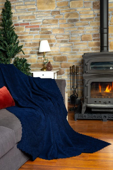 Jakarlı Şönil Koltuk Örtüsü | Kanepe Örtüsü | Koltuk Şalı 175x215 Kaymaz Lacivert