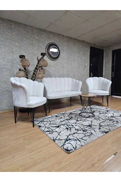 Siyah Boyalı Tel Ayak Krem Döşeme Papatya Çay Seti Koltuk Takımı , Balkon, Salon, Ofis, Cafe Koltuk Takımı - 4