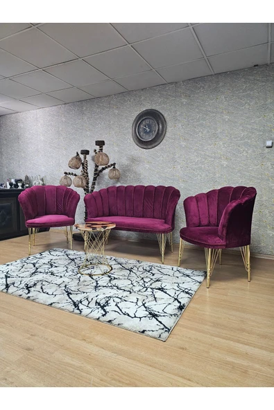 Gold Kaplama Tel Ayak Bordo Döşeme Papatya Çay Seti Koltuk Takımı , Balkon, Salon, Ofis, Cafe Koltuk Takımı - 6