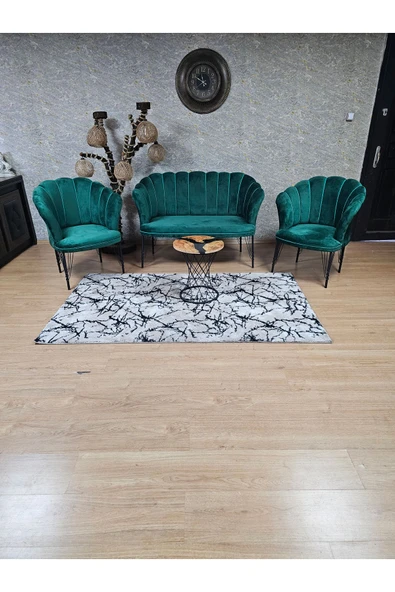 Siyah Boyalı Tel Ayak Yeşil Döşeme Papatya Çay Seti Koltuk Takımı , Balkon, Salon, Ofis, Cafe Koltuk Takımı - 3