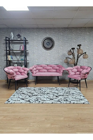 Siyah Boyalı - Pudra Pembe Döşeme | Balon Çay Seti | Balkon Koltuk | Berjer | Balkon Çay Seti