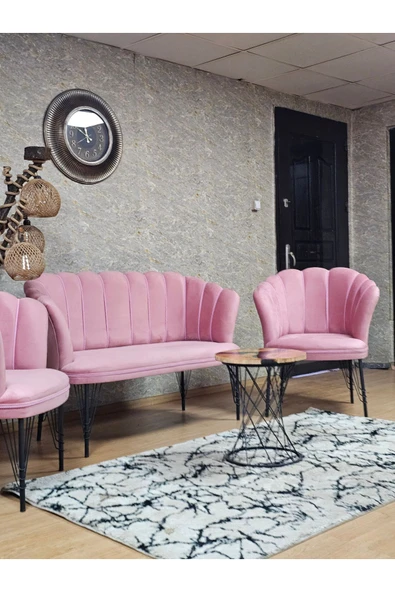 Siyah Boyalı Tel Ayak Pembe Döşeme Papatya Çay Seti Koltuk Takımı , Balkon, Salon, Ofis, Cafe Koltuk Takımı - 5