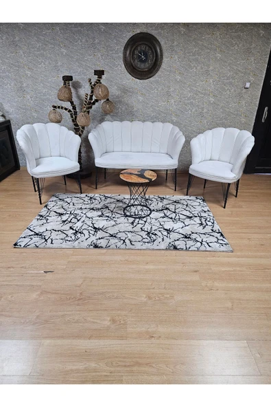 Siyah Boyalı Tel Ayak Krem Döşeme Papatya Çay Seti Koltuk Takımı , Balkon, Salon, Ofis, Cafe Koltuk Takımı - 3
