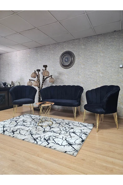 Gold Kaplama Tel Ayak Siyah Döşeme Papatya Çay Seti Koltuk Takımı , Balkon, Salon, Ofis, Cafe Koltuk Takımı - Resim 6