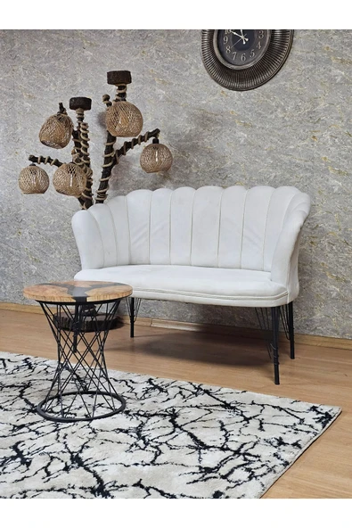 İkili Siyah Boyalı Tel Ayak Krem Döşeme Papatya Çay Seti Koltuk Takımı , Balkon, Salon, Ofis, Cafe Koltuk Takımı - Resim 3