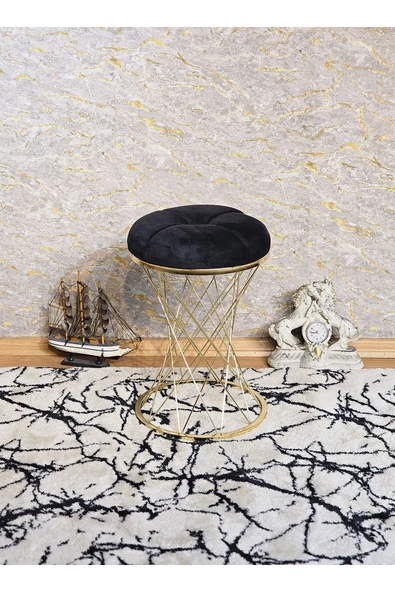 Yuvarlak Gold Kaplama Pota - Siyah Babyface Kumaş Puf , Bench , Puf Oturak , Bench , Ayak Ucu Oturak , Tabure , Makyaj Oturak - 3