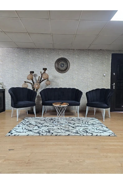 Beyaz Boyalı Tel Ayak Siyah Döşeme Papatya Çay Seti Koltuk Takımı , Balkon, Salon, Ofis, Cafe Koltuk Takımı